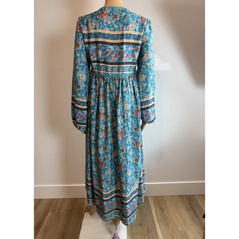 Y2K Blue Floral Tassel Tie Long Sleeve Cottage Bohemian Womens Midi Dress Sz M